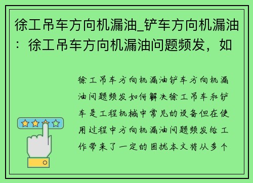 徐工吊车方向机漏油_铲车方向机漏油：徐工吊车方向机漏油问题频发，如何解决？