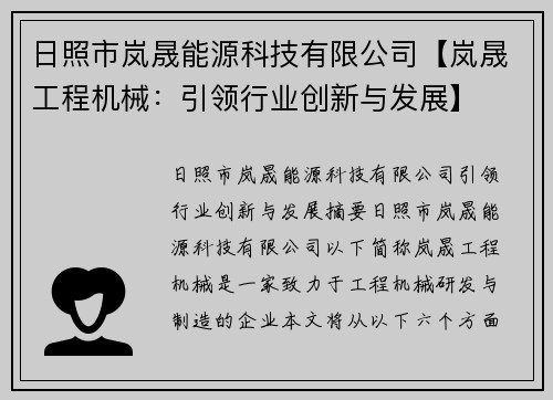日照市岚晟能源科技有限公司【岚晟工程机械：引领行业创新与发展】