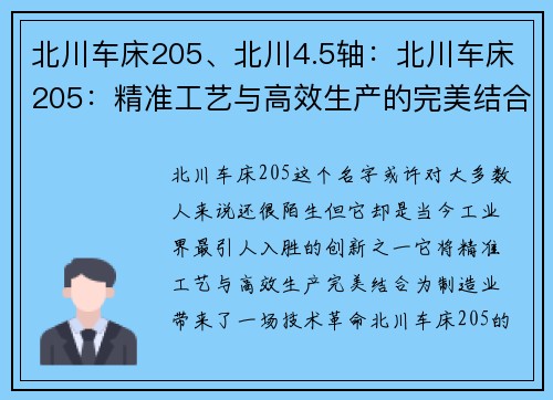 北川车床205、北川4.5轴：北川车床205：精准工艺与高效生产的完美结合