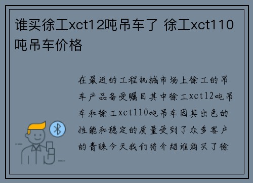 谁买徐工xct12吨吊车了 徐工xct110吨吊车价格